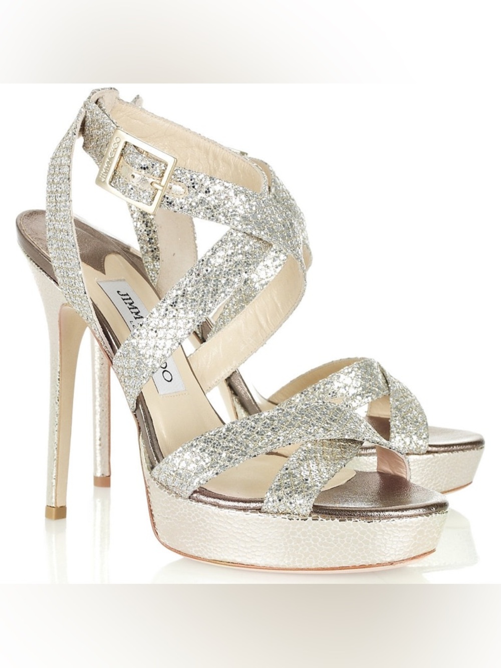 Jimmy Choo Gold Vamp Glitter Crisscross Platform Sandals Heels size 39